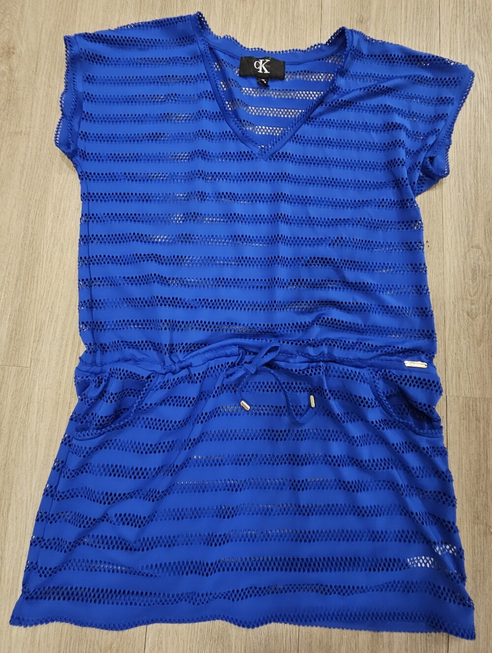 Calvin Klein Royal Blue Open-Knit Striped V-Neck Swim Cover-Up Dress Small NWOT